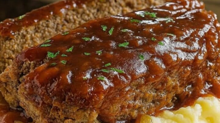 A slice of Mississippi meatloaf with a glossy brown glaze resting on creamy mashed potatoes.