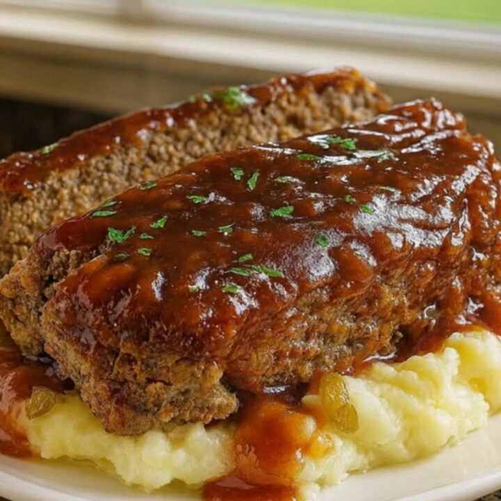 A slice of Mississippi meatloaf with a glossy brown glaze resting on creamy mashed potatoes.