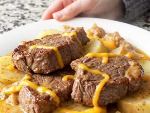 A close-up of a tender cube steak topped with creamy cheddar sauce and perfectly cooked potatoes.