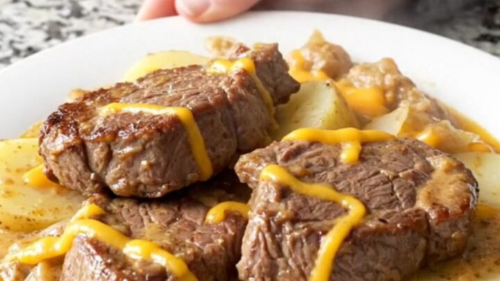 A close-up of a tender cube steak topped with creamy cheddar sauce and perfectly cooked potatoes.