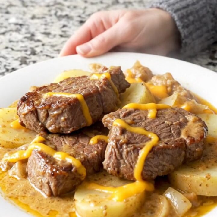 A close-up of a tender cube steak topped with creamy cheddar sauce and perfectly cooked potatoes.