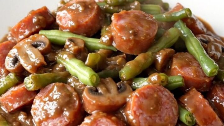 A top-down view of a slow cooker filled with sliced smoked sausage and green beans in a creamy mushroom sauce.