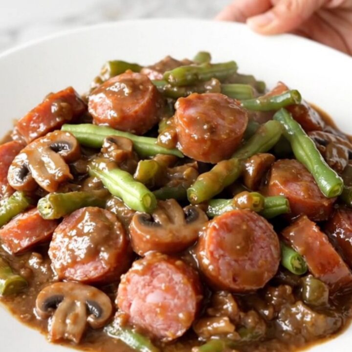 A top-down view of a slow cooker filled with sliced smoked sausage and green beans in a creamy mushroom sauce.