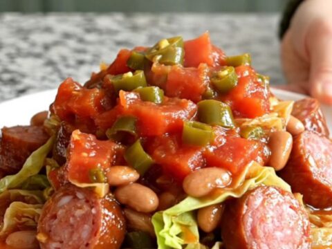 A rustic slow cooker filled with layers of smoked sausage, green cabbage, and beans in a tomato-based sauce.