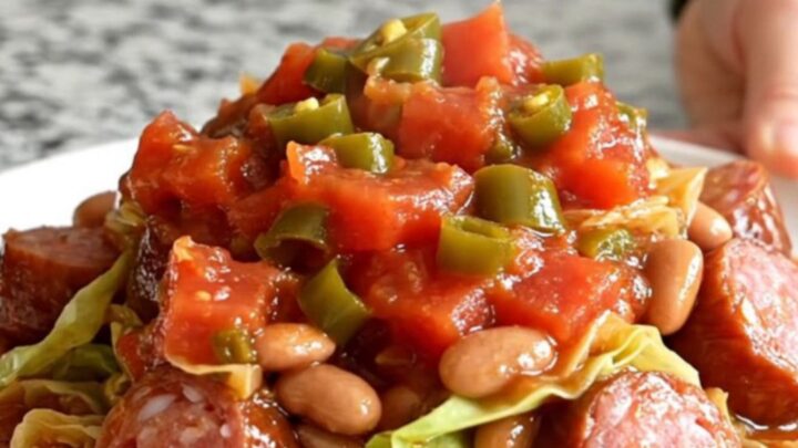 A rustic slow cooker filled with layers of smoked sausage, green cabbage, and beans in a tomato-based sauce.