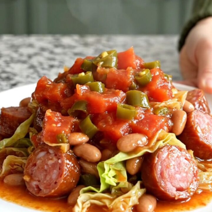A rustic slow cooker filled with layers of smoked sausage, green cabbage, and beans in a tomato-based sauce.