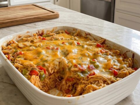A steaming casserole dish filled with chicken, rice, peppers, and melted cheese on a marble surface.