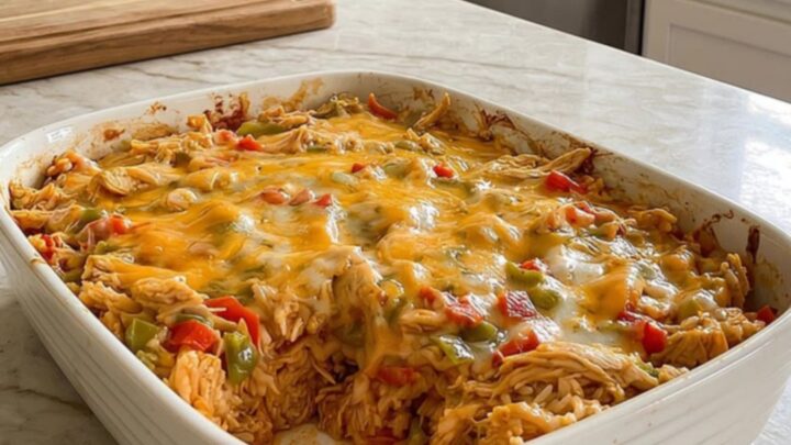 A steaming casserole dish filled with chicken, rice, peppers, and melted cheese on a marble surface.