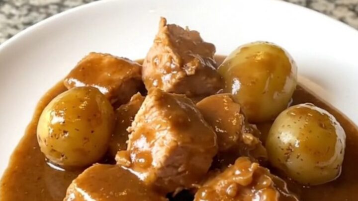 A close-up of tender turkey cubes and baby gold potatoes in a rich brown gravy inside a slow cooker.