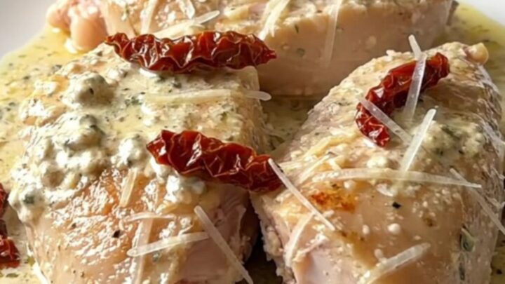 A close-up of creamy crockpot turkey tenderloin served on a white plate.