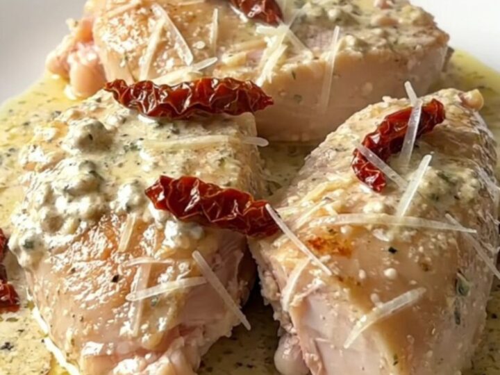 A close-up of creamy crockpot turkey tenderloin served on a white plate.