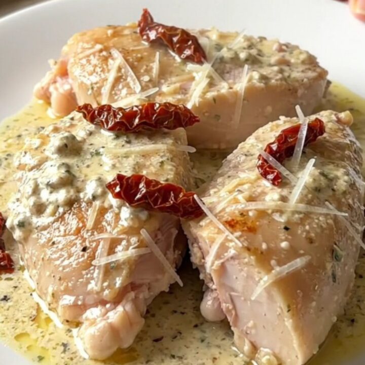 A close-up of creamy crockpot turkey tenderloin served on a white plate.