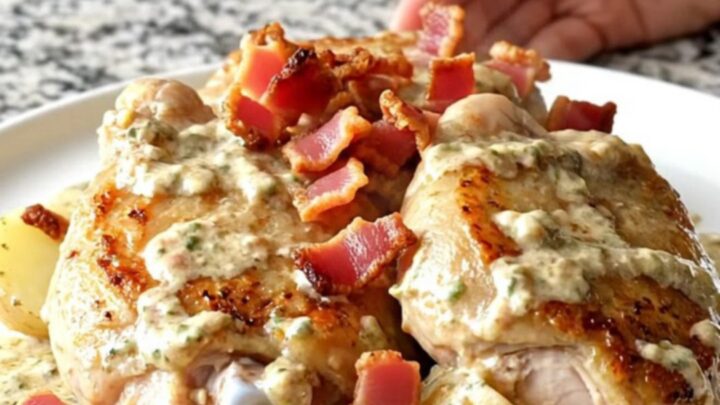 A close-up of creamy ranch chicken thighs and halved baby potatoes in a slow cooker, topped with bacon.