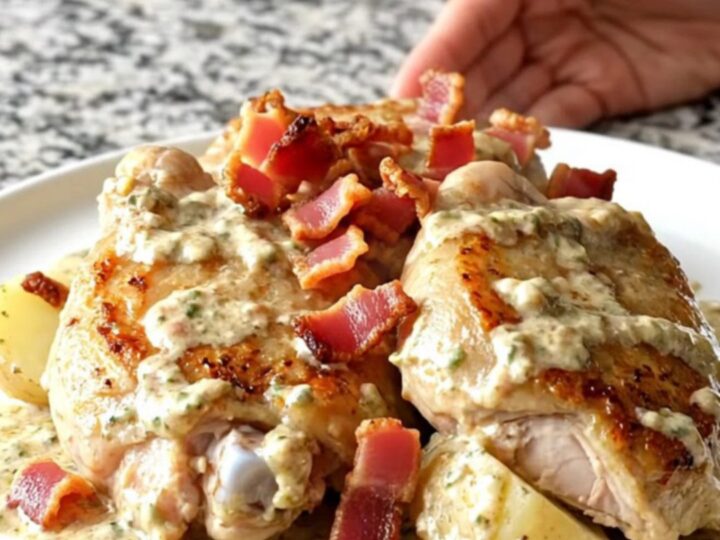 A close-up of creamy ranch chicken thighs and halved baby potatoes in a slow cooker, topped with bacon.