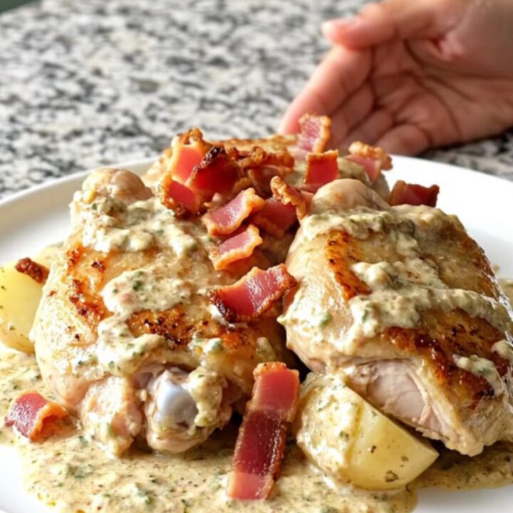 A close-up of creamy ranch chicken thighs and halved baby potatoes in a slow cooker, topped with bacon.