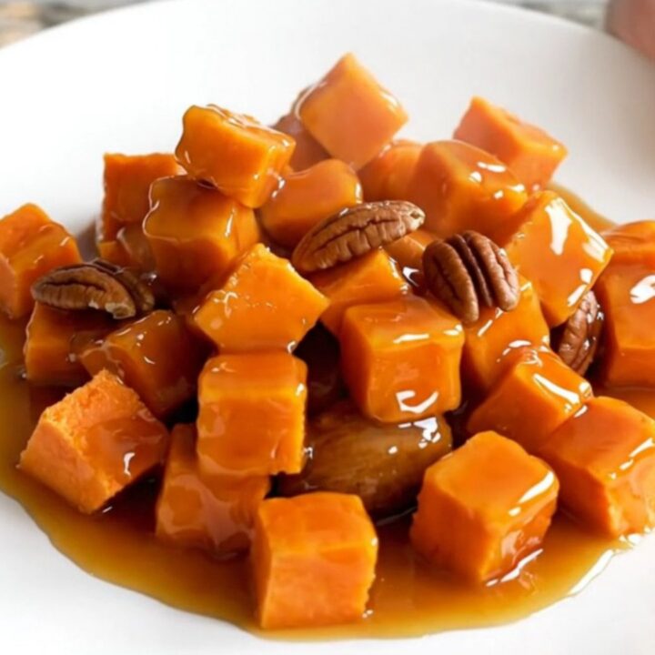 A close-up of tender, glazed sweet potato cubes mixed with toasted pecans in a black slow cooker insert.