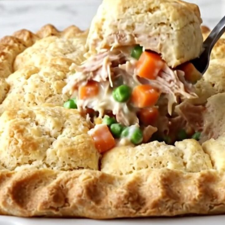 A golden-brown turkey pot pie biscuit bake in a white ceramic dish on a speckled quartz countertop.