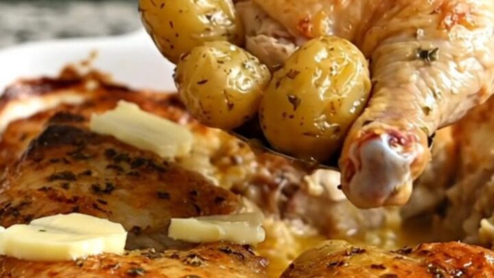 A large ceramic dish filled with roasted golden chicken thighs and baby potatoes in a savory garlic butter sauce.