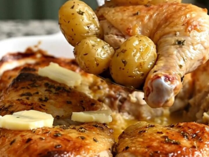 A large ceramic dish filled with roasted golden chicken thighs and baby potatoes in a savory garlic butter sauce.