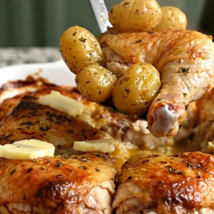 A large ceramic dish filled with roasted golden chicken thighs and baby potatoes in a savory garlic butter sauce.