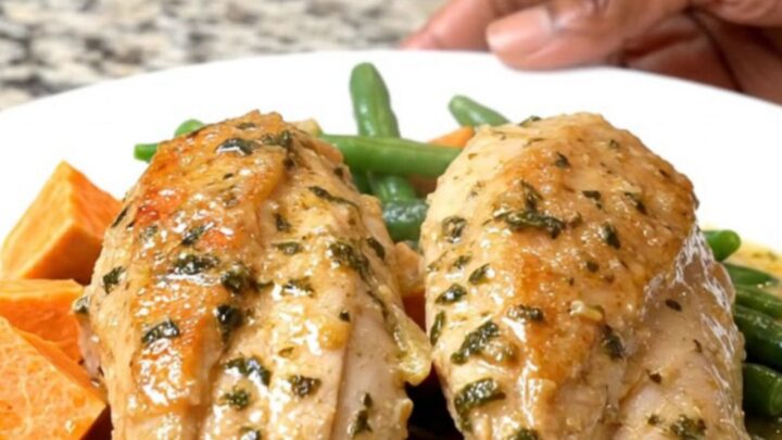 A rustic slow cooker chicken dinner with sweet potatoes and green beans in a creamy herb sauce.