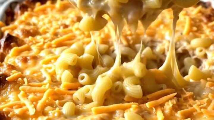 A top-down view of a rectangular baking dish filled with elbow macaroni, turkey meatballs, and melted sharp cheddar cheese.