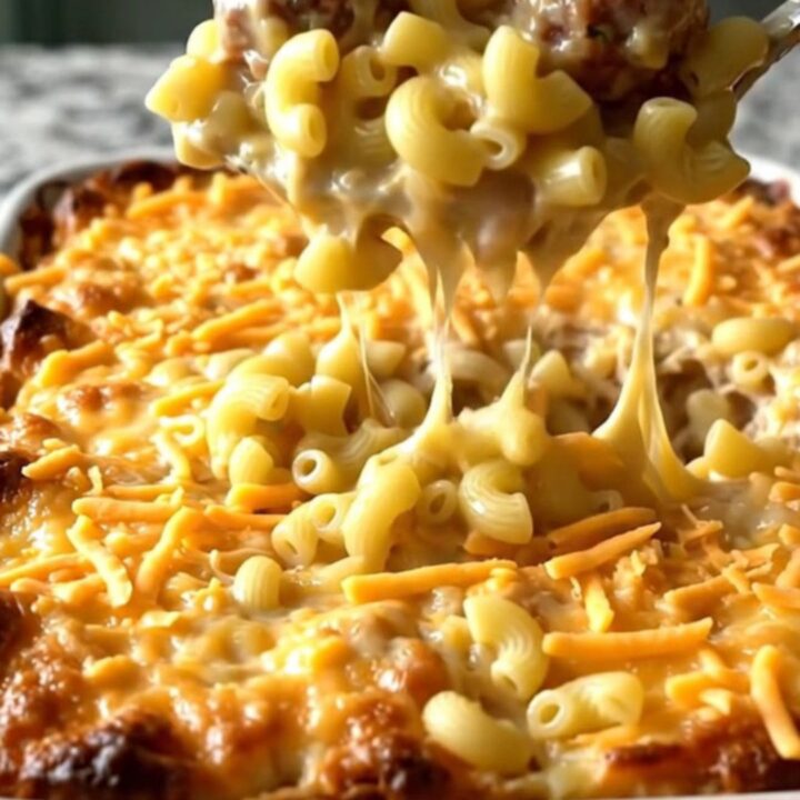 A top-down view of a rectangular baking dish filled with elbow macaroni, turkey meatballs, and melted sharp cheddar cheese.