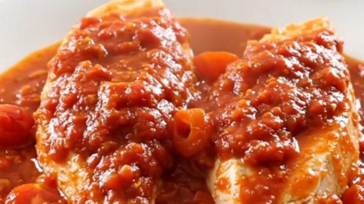 A close-up of tender chicken breasts in a white slow cooker insert, covered in a rich red tomato sauce with cherry tomatoes.
