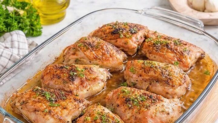 A close-up of crispy, golden-brown oven-baked chicken thighs garnished with fresh parsley in a glass dish.