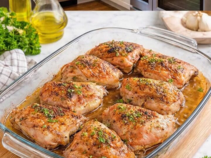 A close-up of crispy, golden-brown oven-baked chicken thighs garnished with fresh parsley in a glass dish.