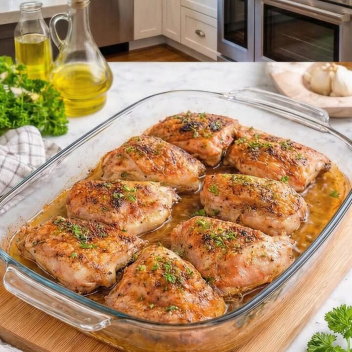 A close-up of crispy, golden-brown oven-baked chicken thighs garnished with fresh parsley in a glass dish.
