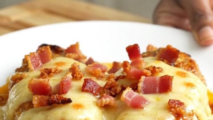 Slow cooked chicken breasts topped with creamy Swiss cheese sauce, bacon, and tomato slices.