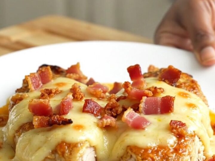 Slow cooked chicken breasts topped with creamy Swiss cheese sauce, bacon, and tomato slices.