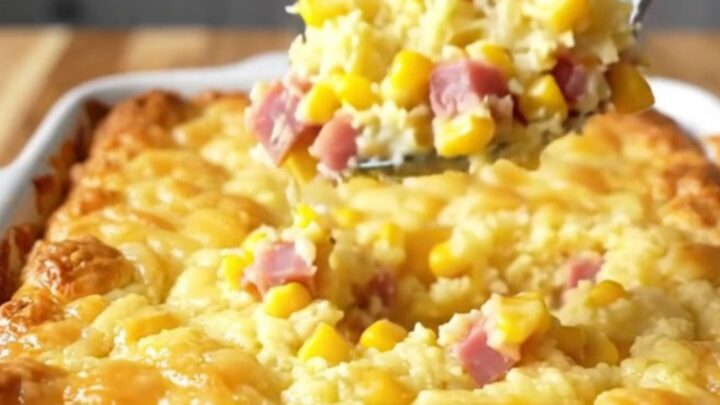 A top-down view of a rectangular baking dish filled with a golden, baked ham and cheddar corn pudding casserole.