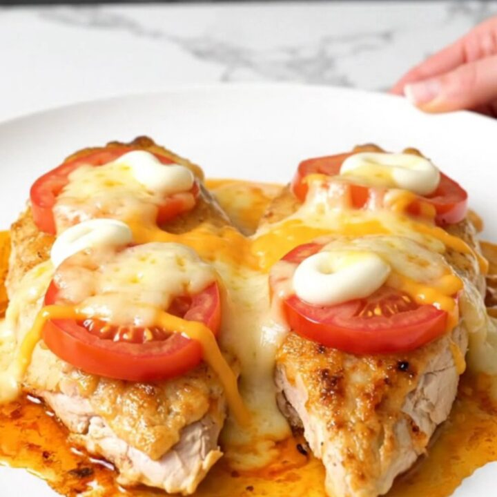 A top-down view of a slow cooker filled with chicken breasts topped with sliced tomatoes and melted cheese.