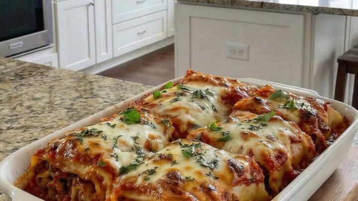 Six golden-brown beef lasagna roll-ups arranged in a white ceramic dish, topped with fresh basil.