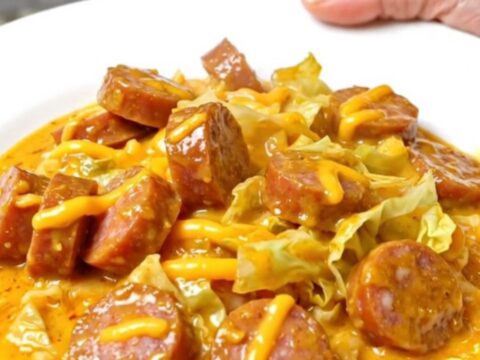 A top-down view of a slow cooker filled with sliced smoked sausage, chopped green cabbage, and a creamy cheddar sauce.