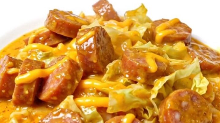 A top-down view of a slow cooker filled with sliced smoked sausage, chopped green cabbage, and a creamy cheddar sauce.
