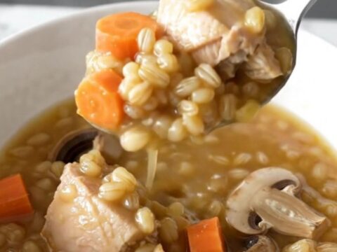 A steaming bowl of chicken and barley stew featuring chunks of chicken, carrot coins, and mushrooms in a rich broth.