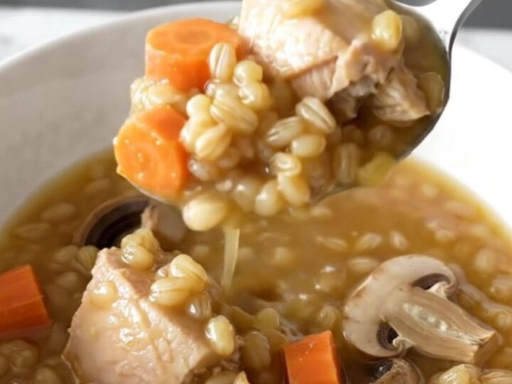 A steaming bowl of chicken and barley stew featuring chunks of chicken, carrot coins, and mushrooms in a rich broth.