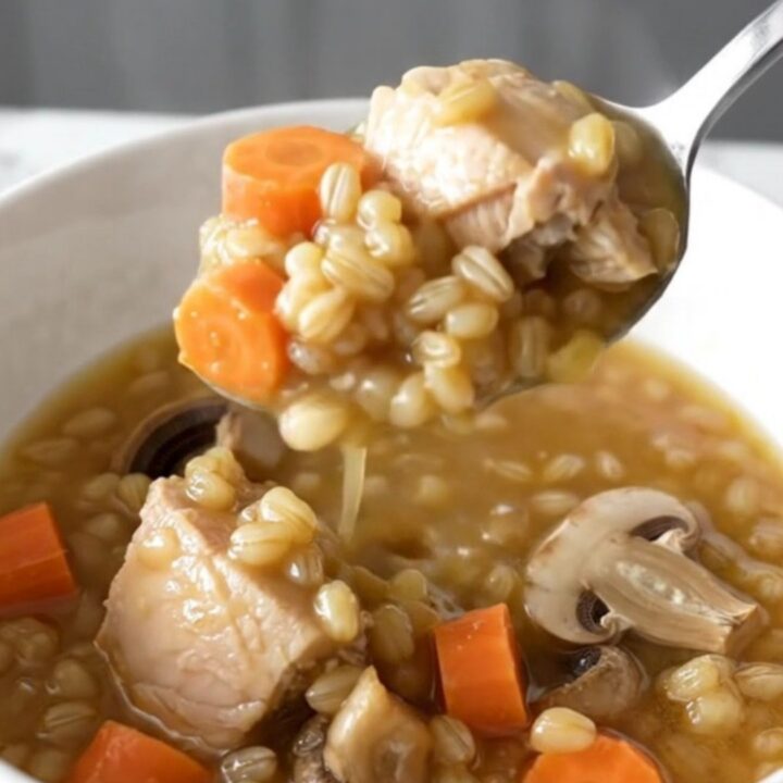 A steaming bowl of chicken and barley stew featuring chunks of chicken, carrot coins, and mushrooms in a rich broth.