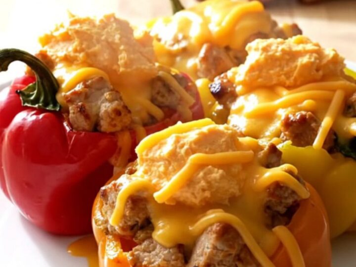 Close-up of crockpot cream cheese chicken stuffed peppers in a slow cooker.