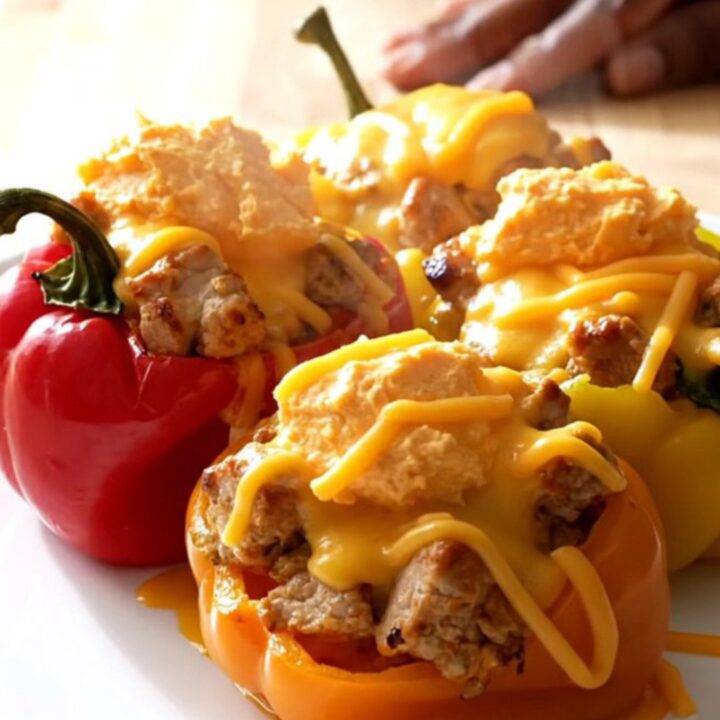 Close-up of crockpot cream cheese chicken stuffed peppers in a slow cooker.