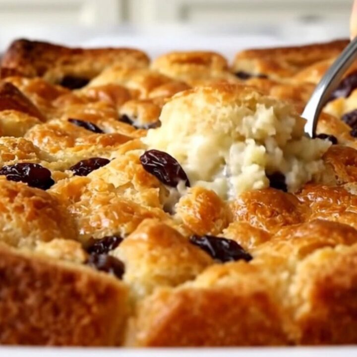 A golden-brown raisin bread pudding in a white ceramic dish, freshly baked and ready to serve.