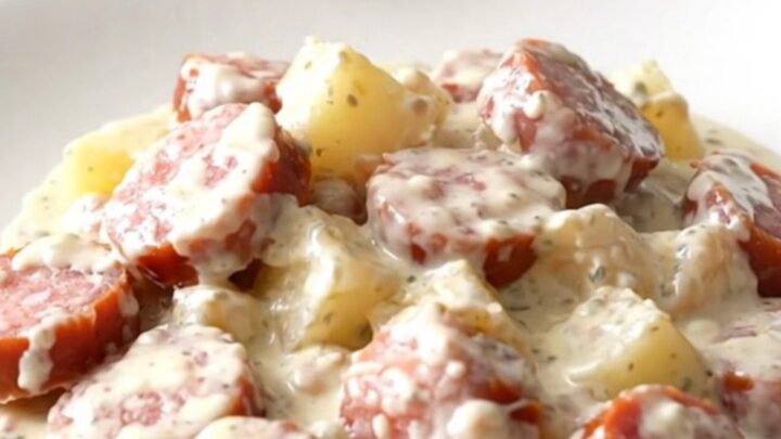 A close-up of a serving of creamy slow cooker Alfredo sausage and potatoes on a white plate.