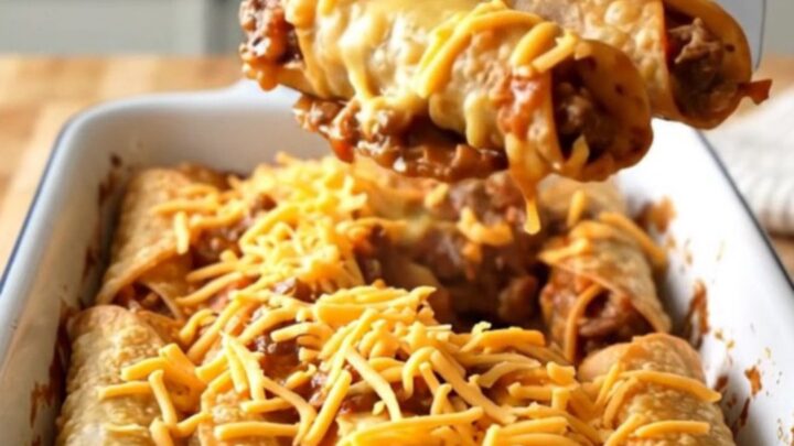 A large rectangular baker filled with golden-brown beef taquitos topped with hearty beef chili and melted cheddar cheese.