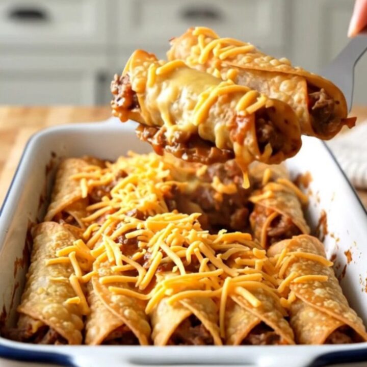 A large rectangular baker filled with golden-brown beef taquitos topped with hearty beef chili and melted cheddar cheese.