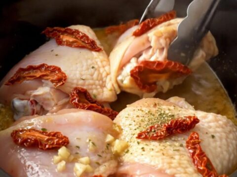 A top-down view of tender, braised chicken thighs in a slow cooker