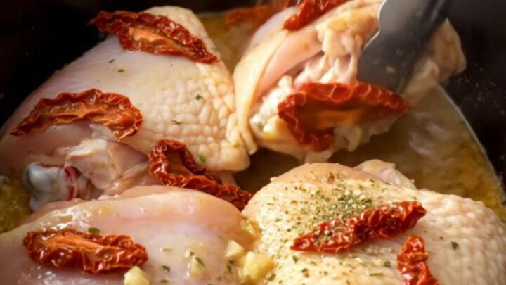 A top-down view of tender, braised chicken thighs in a slow cooker