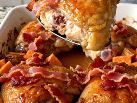 A golden-brown maple bacon chicken and sweet potato bake in a white ceramic dish.
